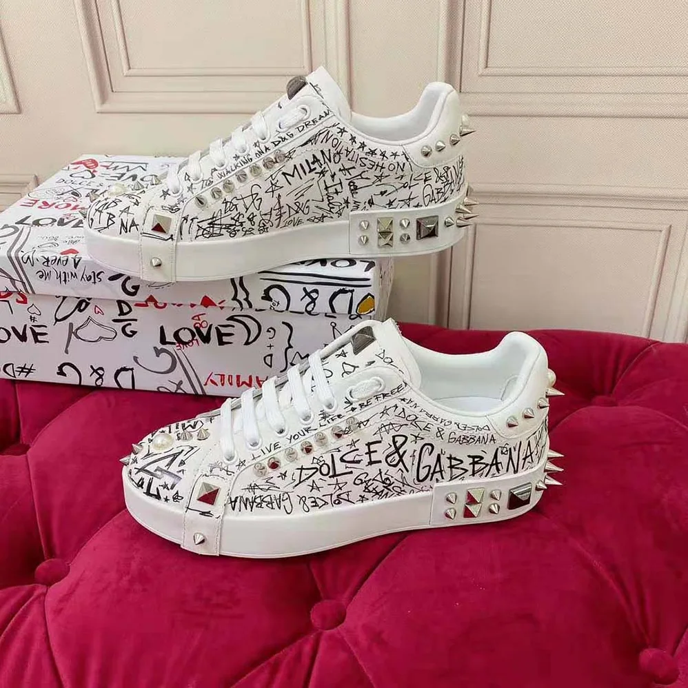 Dolce Gabbana D&G Calfskin Nappa Portofino Sneakers with Studs for Unisex in White Dolce Gabbana D&G Calfskin Nappa Portofino Sneakers with Studs for Unisex in White
