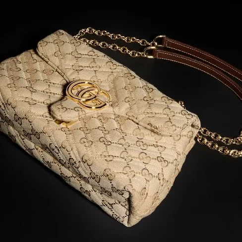 Gucci Marmont Small Shoulder Bag / Sand/ Dark Brown Gold Hardware