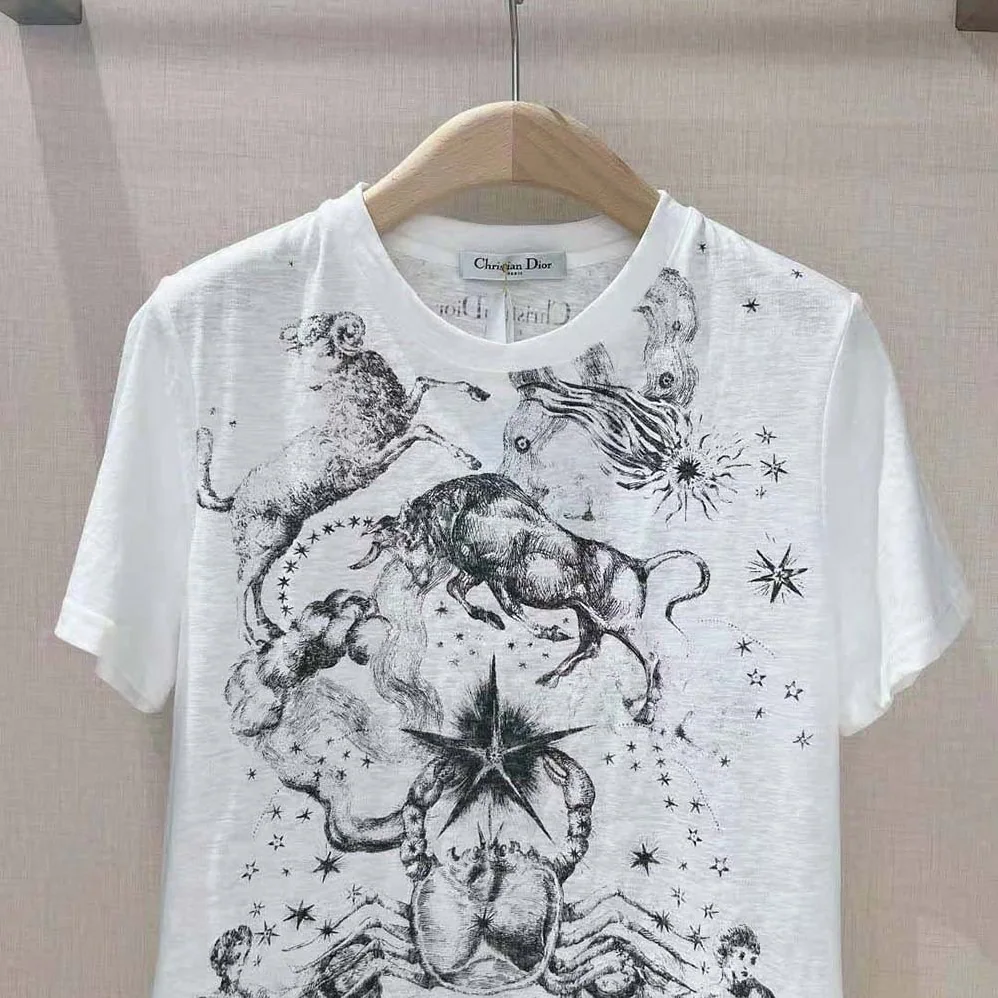 Dior T-shirt White Cotton Jersey with Melothesia Motif for Women Dior T-shirt White Cotton Jersey with Melothesia Motif for Women