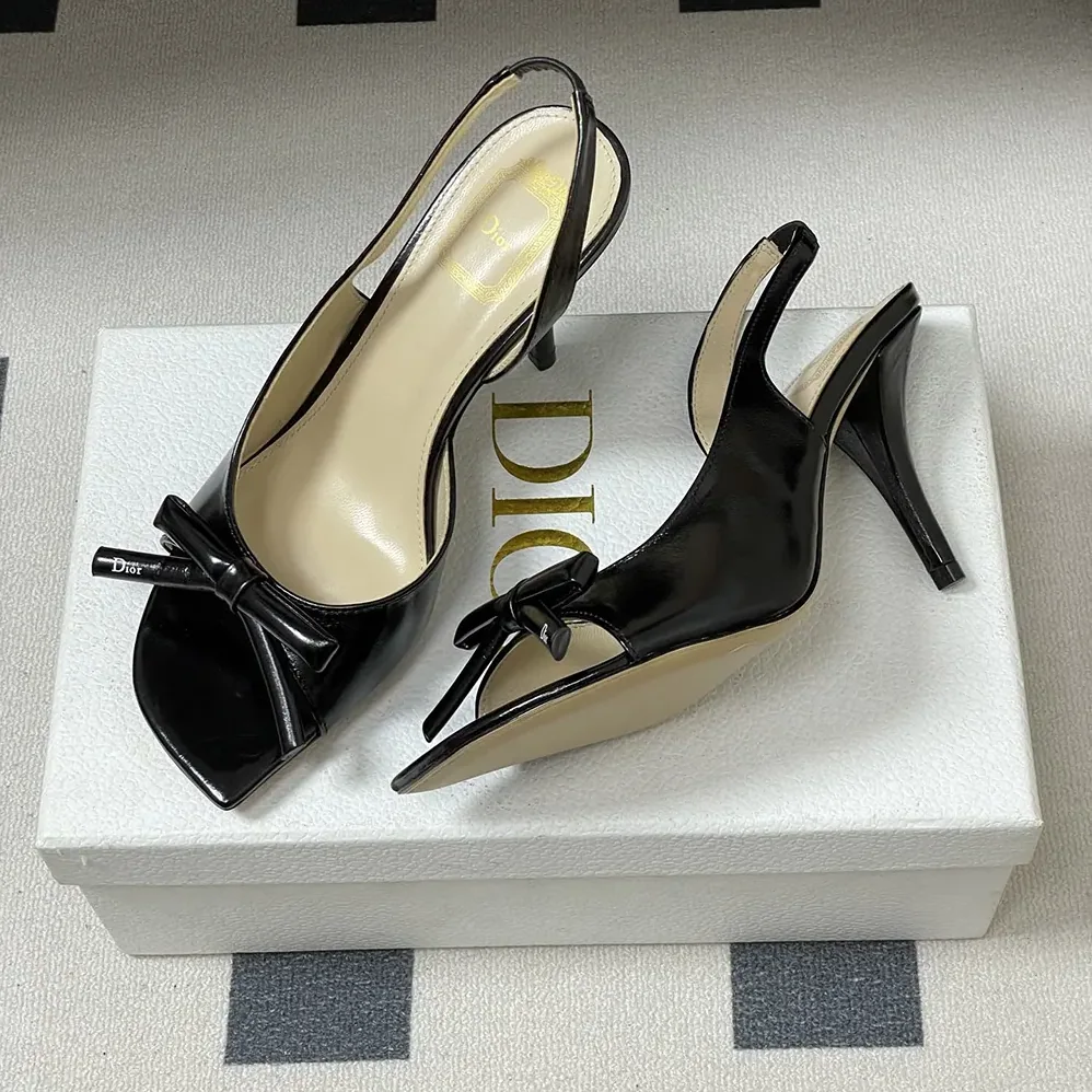 Dior Bow Heeled Slingback Sandal Black Lambskin for Women