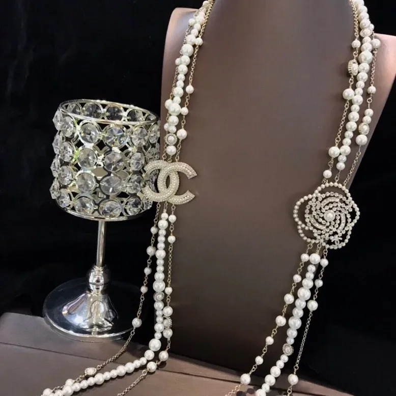 Chanel Multilayered Pearl And Camellia Long Necklace Gold Hardware