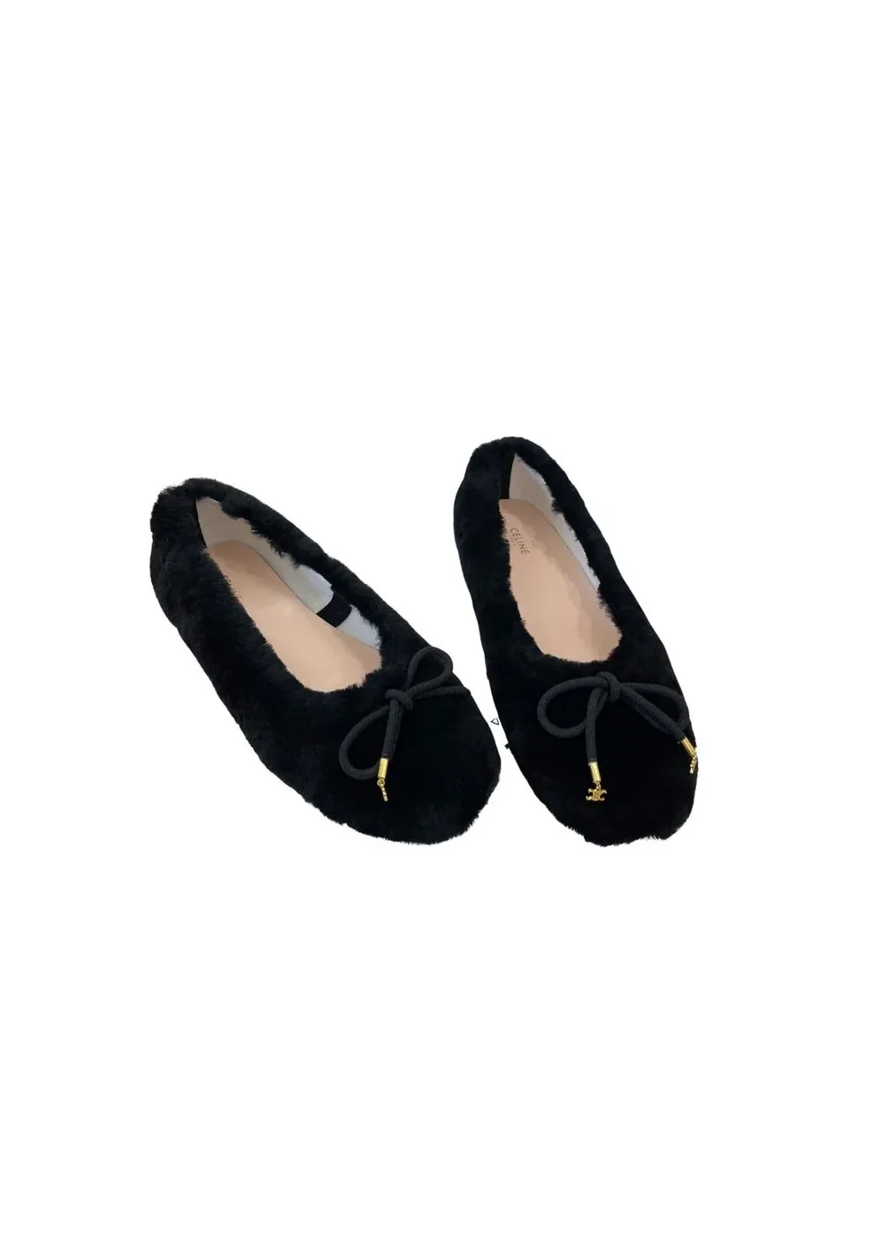 Celine Les Ballerines Celine Ballerina With Triomphe Laces And Fur Black Celine Les Ballerines Celine Ballerina With Triomphe Laces And Fur Black
