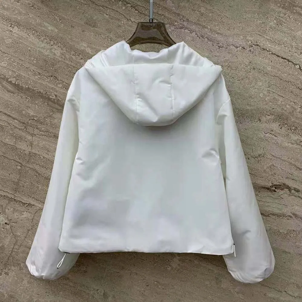Prada Padded Duchesse Jacket with Enameled Metal Triangle Logo for Women in White