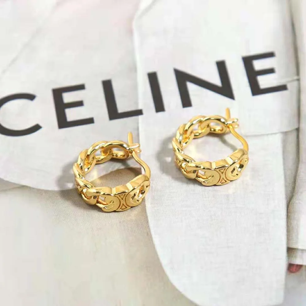 Celine Triomphe Small Gourmette Hoops in Brass with Gold Finish for Women Celine Triomphe Small Gourmette Hoops in Brass with Gold Finish for Women