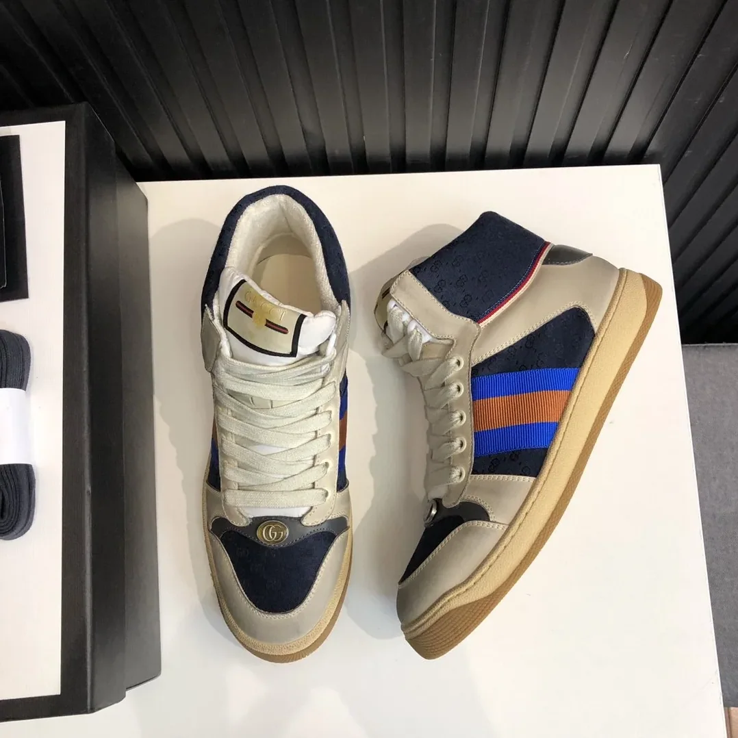 Gucci GG Screener Distressed High Top Off for Men in White Blue Gucci GG Screener Distressed High Top Off for Men in White Blue