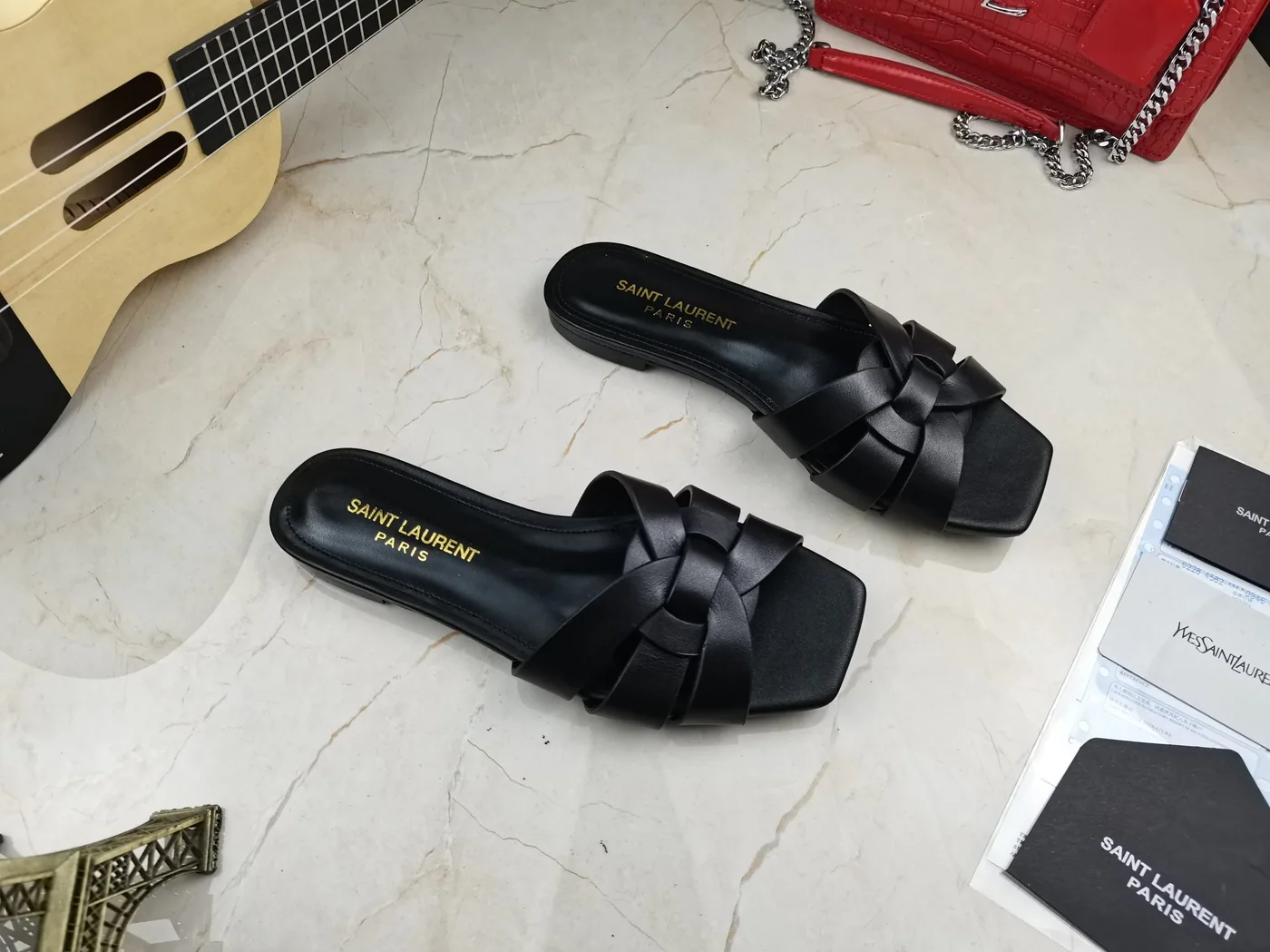Saint Laurent Tribute Flat Mules Black YSL Saint Laurent Tribute Flat Mules Black YSL