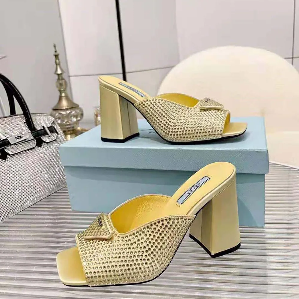 Prada High-Heeled Satin Slides with Crystals for Women in Yellow