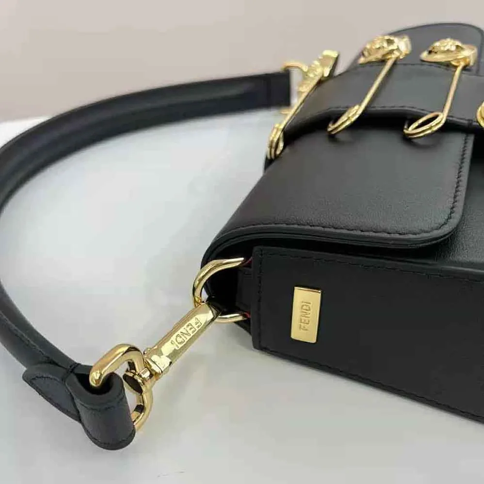Fendi Brooch Mini Baguette Fendace Black Leather Bag for Women Fendi Brooch Mini Baguette Fendace Black Leather Bag for Women