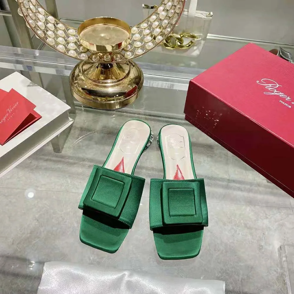 Roger Vivier Strass Heel Covered Buckle Mules in Satin for Women in Green Roger Vivier Strass Heel Covered Buckle Mules in Satin for Women in Green