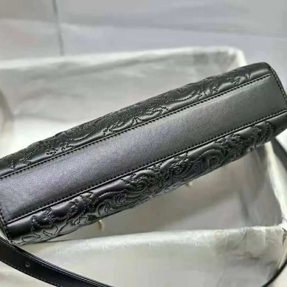 Dior Medium Lady D-joy Bag Black Quilted-Effect Lambskin with Ornamental Motif for Women
