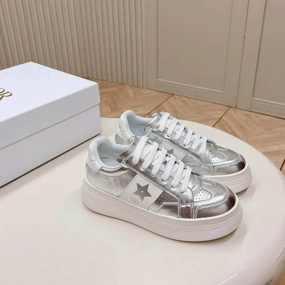 Dior Star Platform Sneaker Silver-Tone Crinkled-Effect Lambskin and White Calfskin for Women