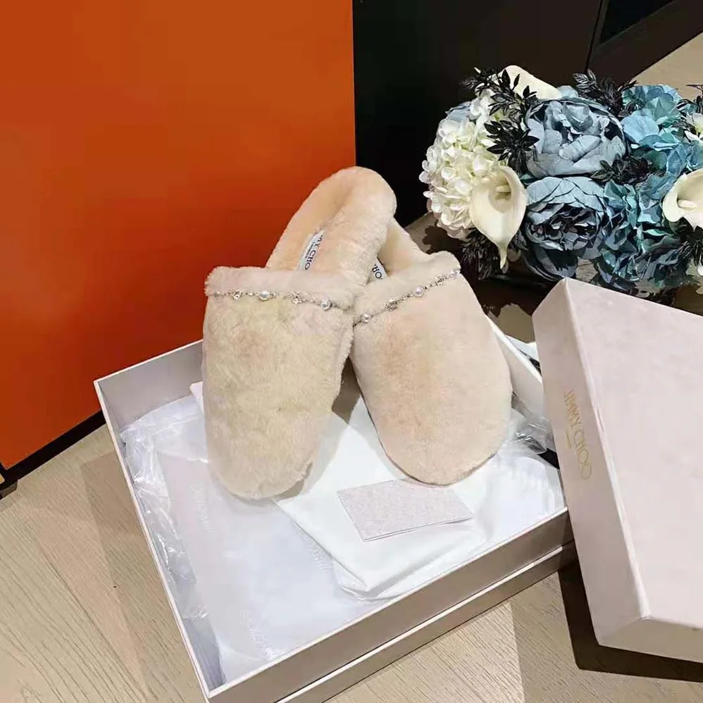 Jimmy Choo Aliette Flat Natural Shearling Slippers for Women in Beige