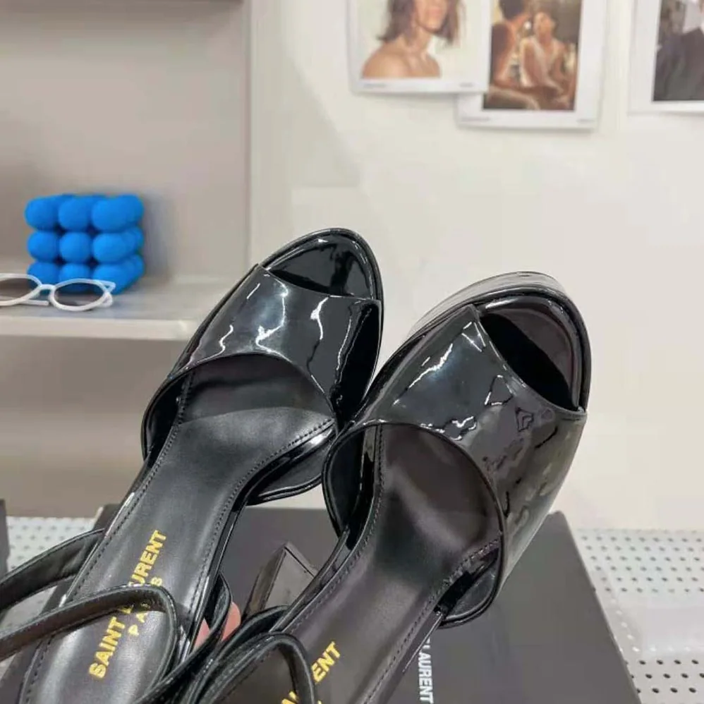 Saint Laurent YSL Jodie Platform Sandals in Patent Leather for Women in Black
