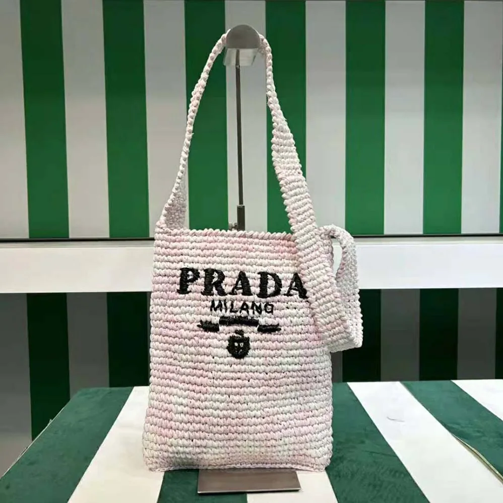 Prada Crochet Bag with Embroidered Lettering Logo for Women in Pink