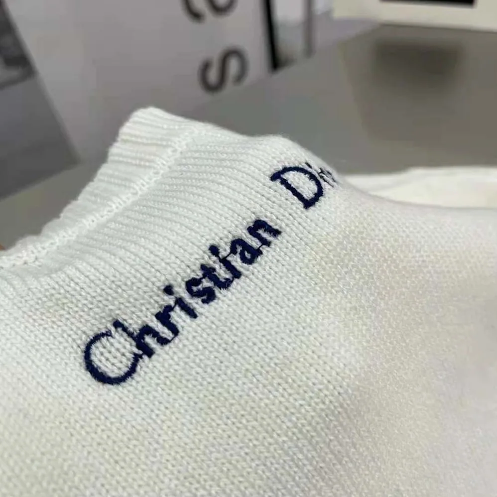 Dior Sweater Ecru Cashmere Knit with Blue Dior Sevilla Star Motif for Women