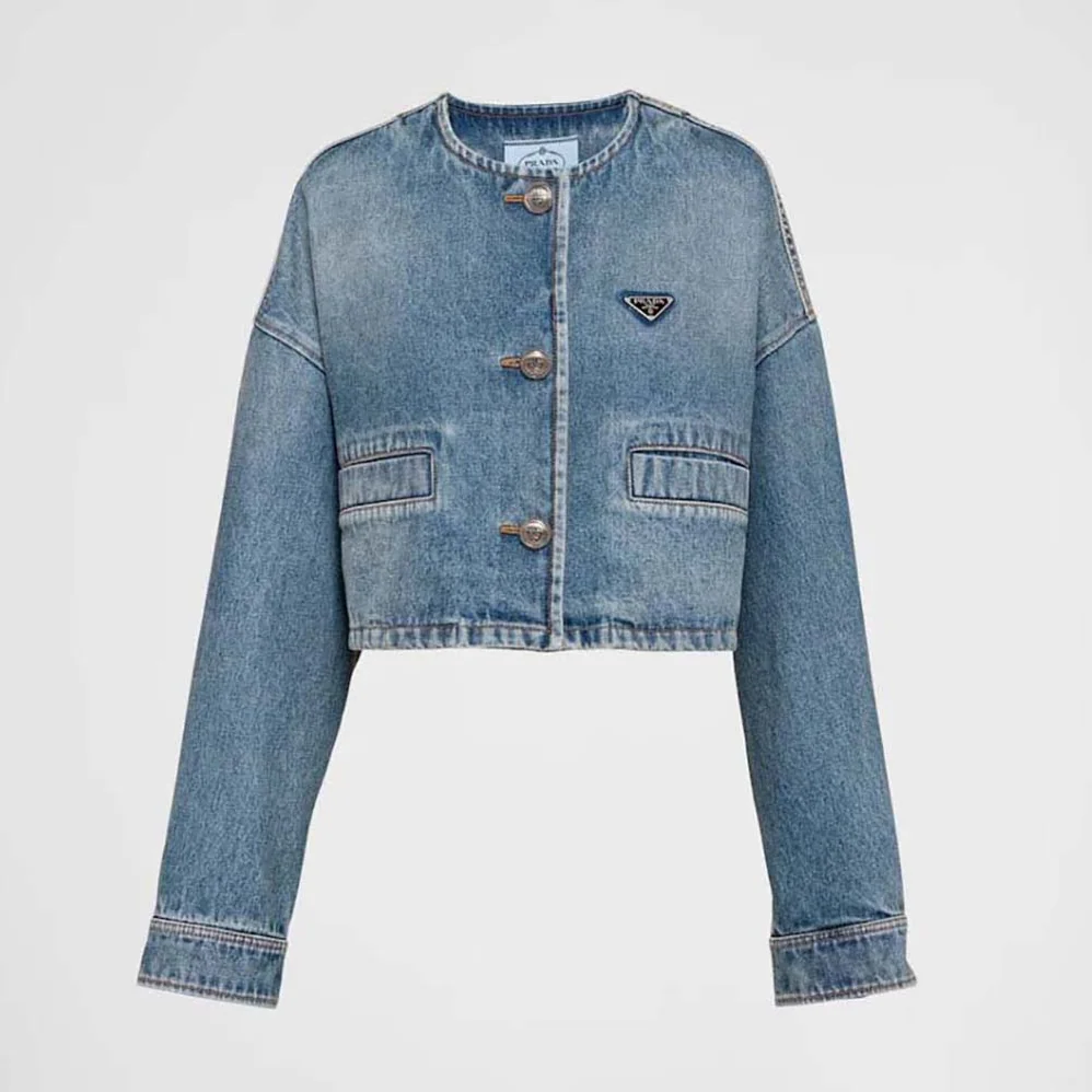 Prada Denim Blouson Jacket with Enameled Metal Triangle Logo for Women