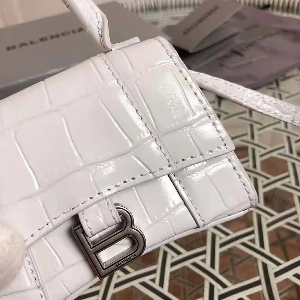 Balenciaga Hourglass Mini Top Handle Bag in White Shiny Crocodile Embossed Calfskin for Women Balenciaga Hourglass Mini Top Handle Bag in White Shiny Crocodile Embossed Calfskin for Women