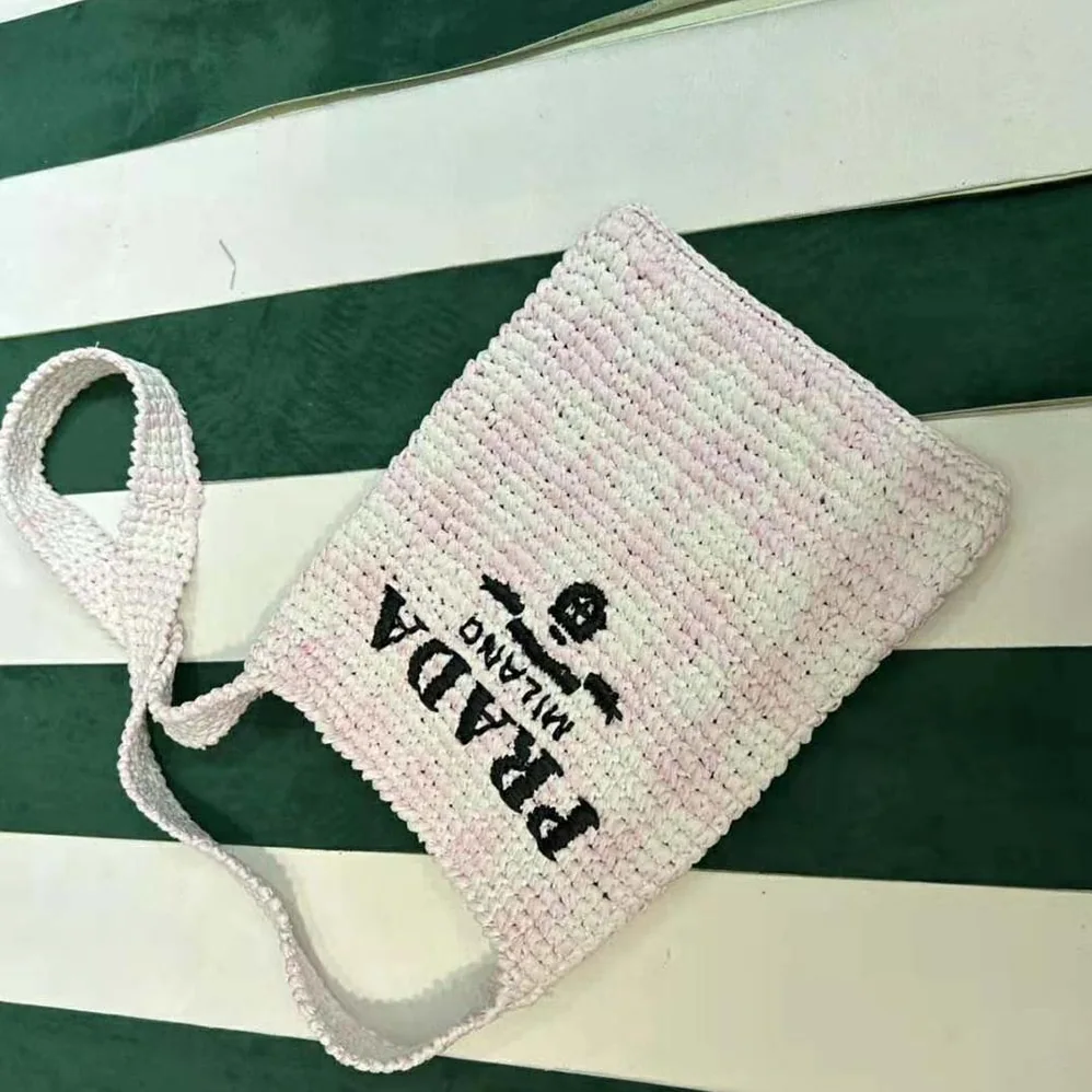 Prada Crochet Bag with Embroidered Lettering Logo for Women in Pink