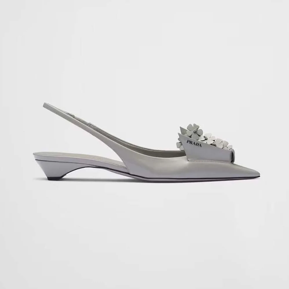 Prada Brushed Leather Slingback Pumps with Floral Appliques for Women in Gray Prada Brushed Leather Slingback Pumps with Floral Appliques for Women in Gray