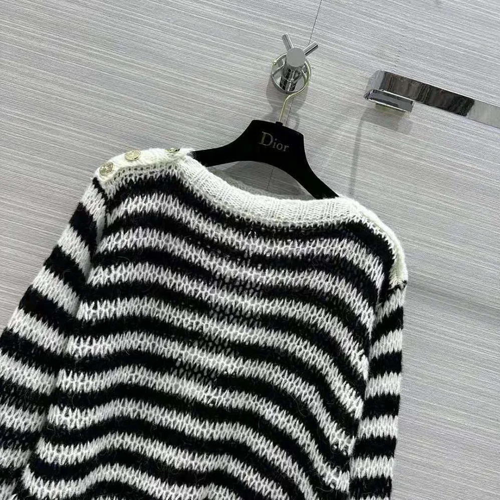 Dior Marinière Sweater Navy Blue and Ecru Wool Cashmere and Silk Knit with D for Women in Stripes Motif