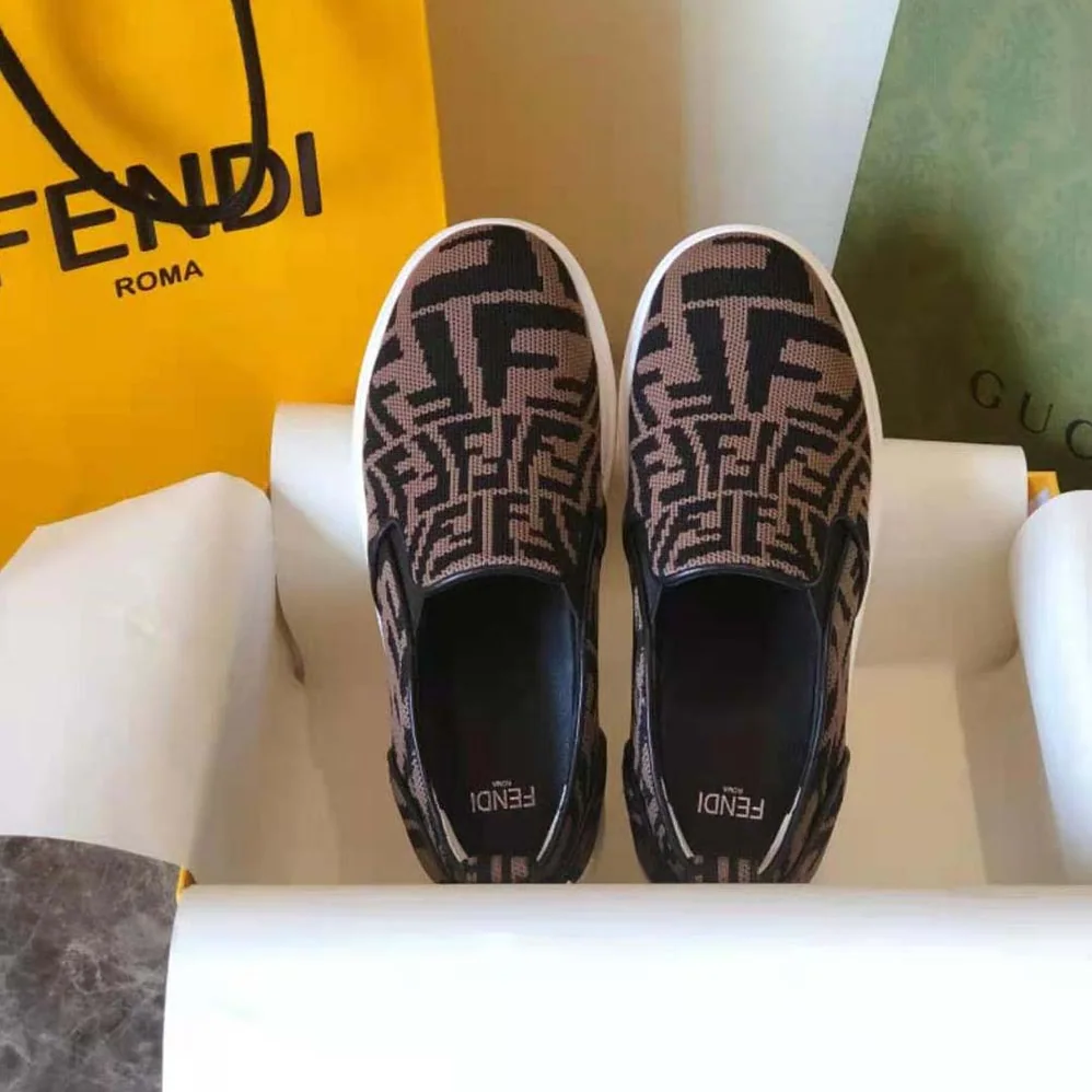 Fendi Rise Brown Fabric Slip Ons for Women