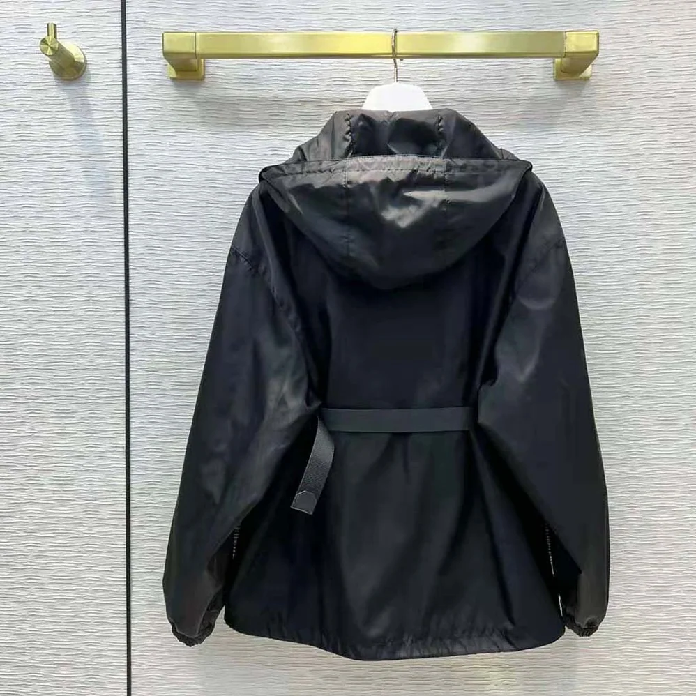 Prada Re-Nylon Hooded Blouson Jacket with Pouch for Women in Black Prada Re-Nylon Hooded Blouson Jacket with Pouch for Women in Black