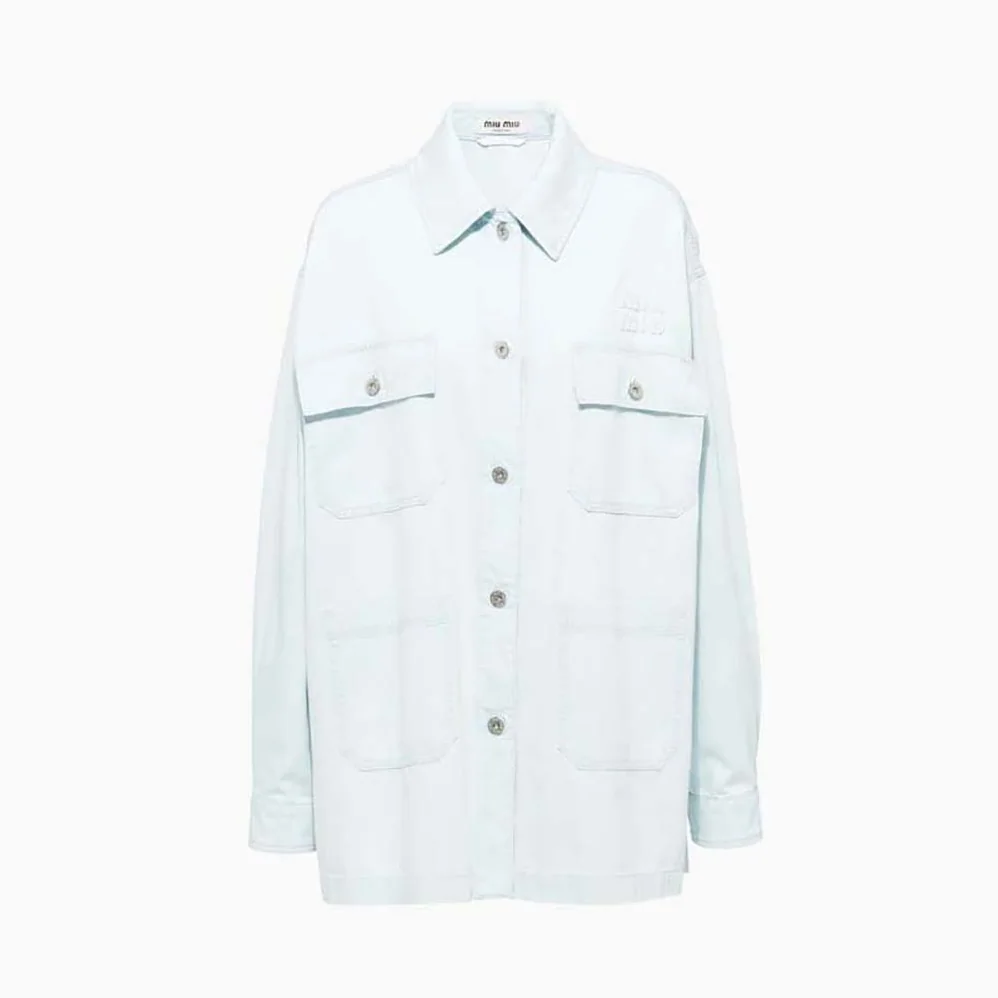 Miu Miu Denim Blouson Jacket with Embroidered Logo for Women Miu Miu Denim Blouson Jacket with Embroidered Logo for Women