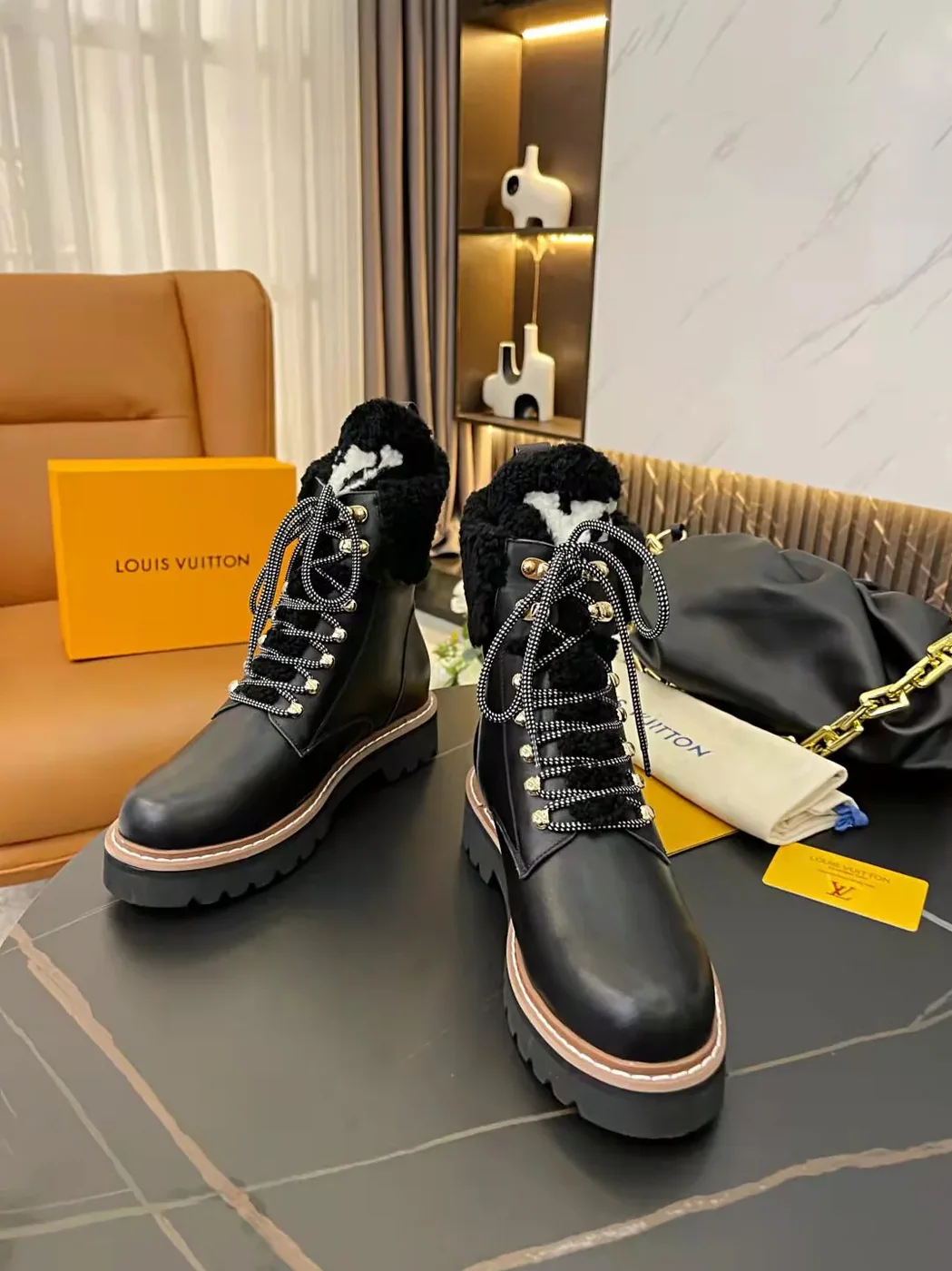 Louis Vuitton Territory Flat Military Boots Black for Women