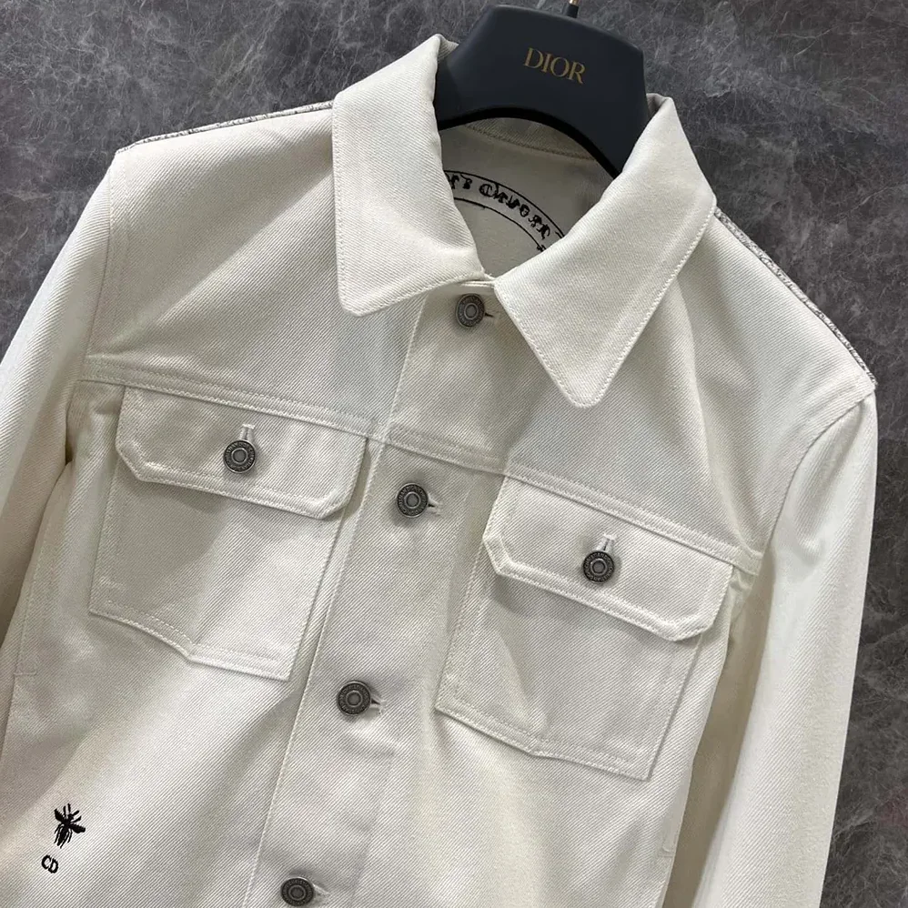 Dior Jacket White Cotton Denim with Gold-Tone Dior Around the World Motif for Women Dior Jacket White Cotton Denim with Gold-Tone Dior Around the World Motif for Women
