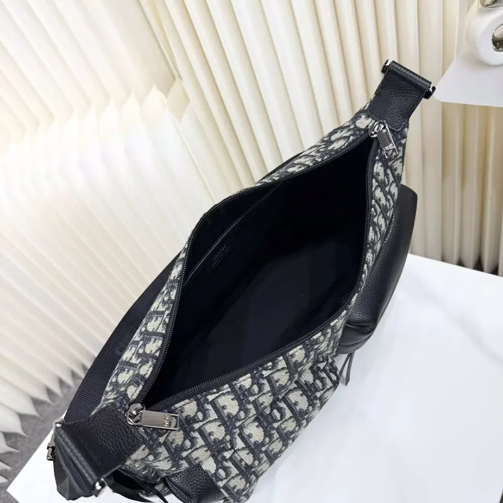 Dior Medium Rider Soft Hobo Bag Beige and Black Dior Oblique Jacquard with Black Grained Calfskin for Men