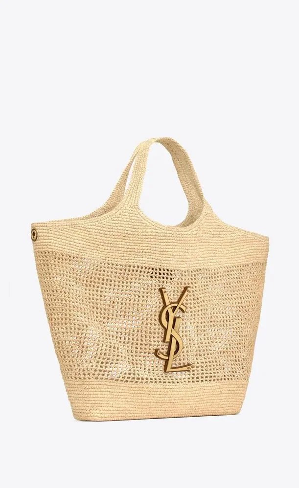 Saint Laurent Icare Tote Bag in Beige Raffia Bronze Hardware