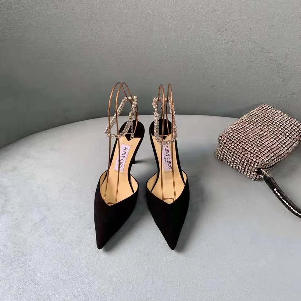 Jimmy Choo Saeda 100 Black Suede Pumps with Crystal Embellishment for Women