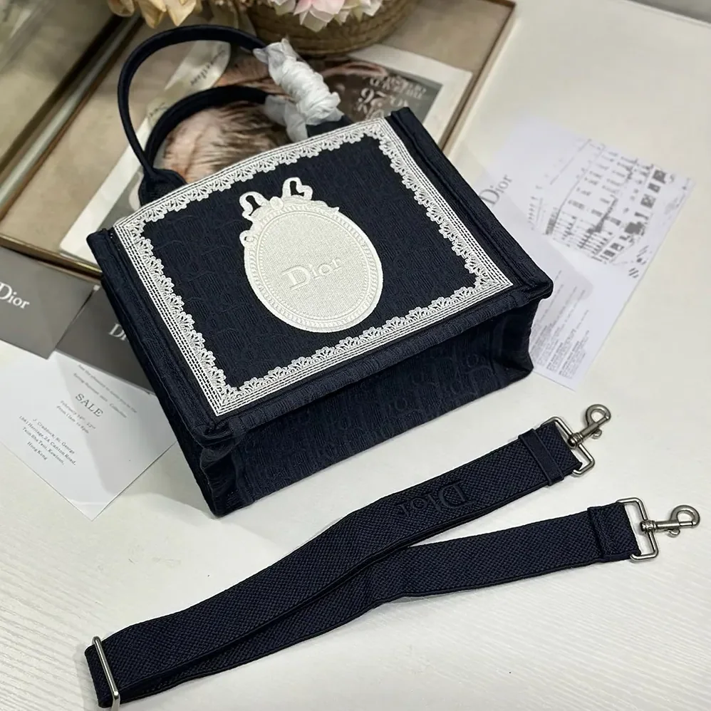 Dior Small Dior Book Tote with Strap Blue Dior Oblique Embroidery with White Lace and Dior Médaillon for Women Dior Small Dior Book Tote with Strap Blue Dior Oblique Embroidery with White Lace and Dior Médaillon for Women