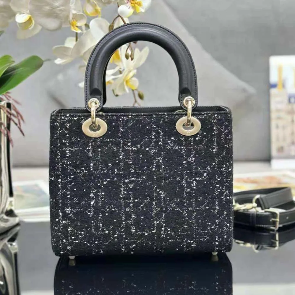 Dior Medium Lady D-lite Bag Black Cannage Tweed for Women Dior Medium Lady D-lite Bag Black Cannage Tweed for Women