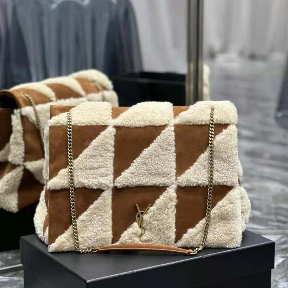 Saint Laurent YSL Jamie Giant Chain Bag “Carré Rive Gauche” in Suede and Shearling Patchwork for Women in Brown Saint Laurent YSL Jamie Giant Chain Bag “Carré Rive Gauche” in Suede and Shearling Patchwork for Women in Brown