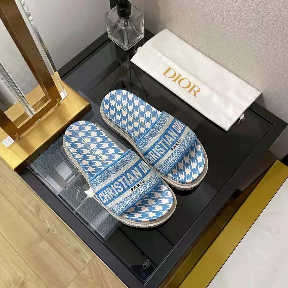 Dior Dway Slide Cornflower Blue Embroidered Cotton with Micro Houndstooth Motif for Women