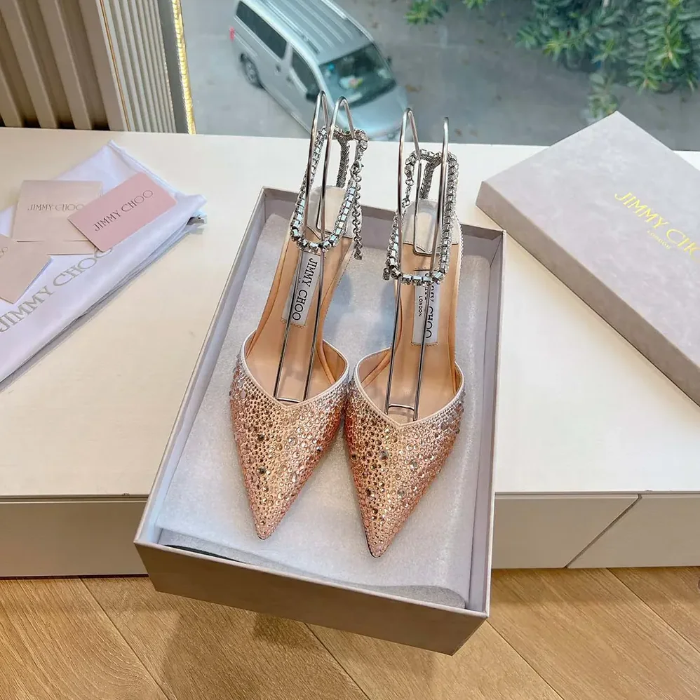 Jimmy Choo Saeda 100 Gold Satin Pumps with Crystals for Women