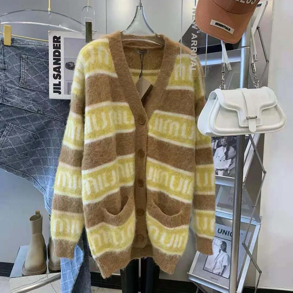Miu Miu Oversized Mohair Cardigan with Intarsia Logo for Women in Yellow