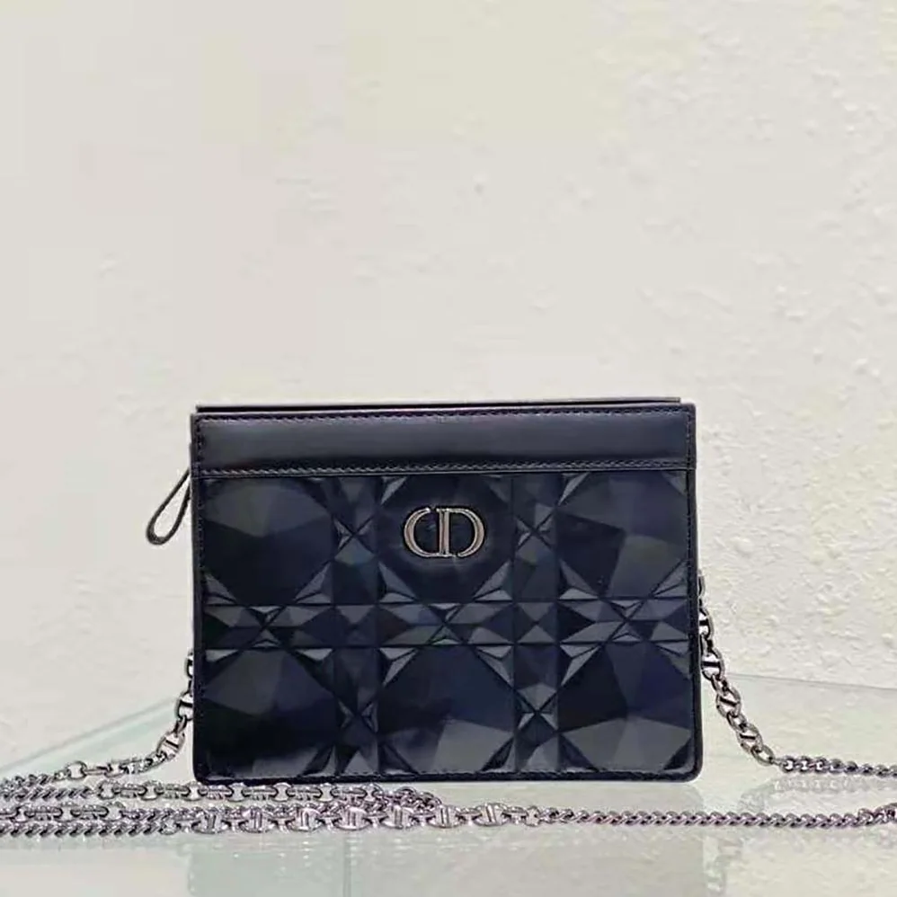 Dior Caro Zipped Pouch with Chain Black Macrocannage Calfskin with Diamond Motif for Women