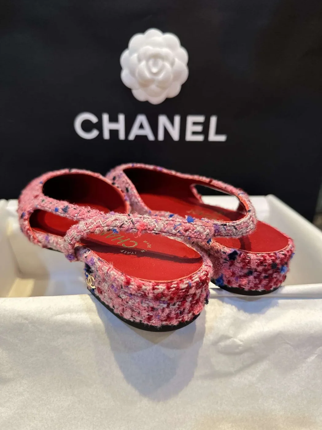 Chanel Woolen Lat Lace Up Sandals Dark Pink