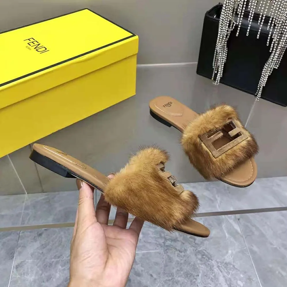 Fendi Signature Brown Mink Slides for Women