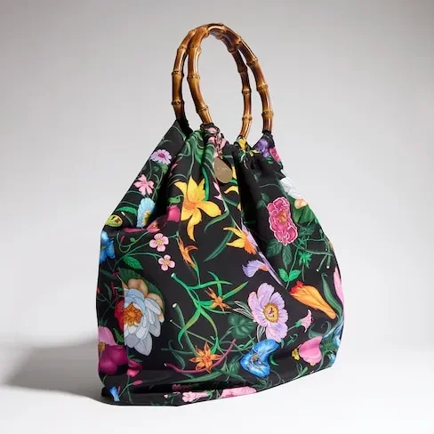 Gucci Silk Maxi With Bamboo Handle Tote Bag in Black/ Multicolor Gold Hardware