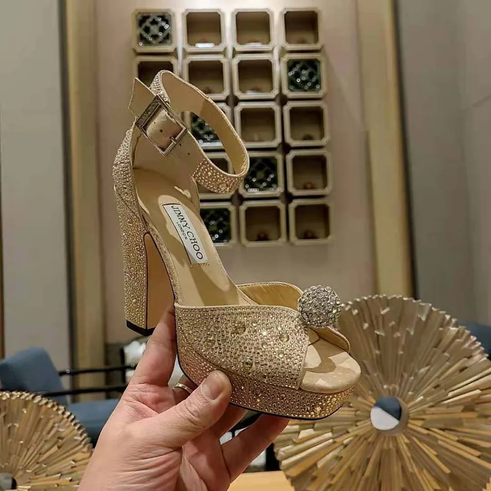 Jimmy Choo Socorie 120 Honey Gold Suede Platform Sandals with Crystals for Women