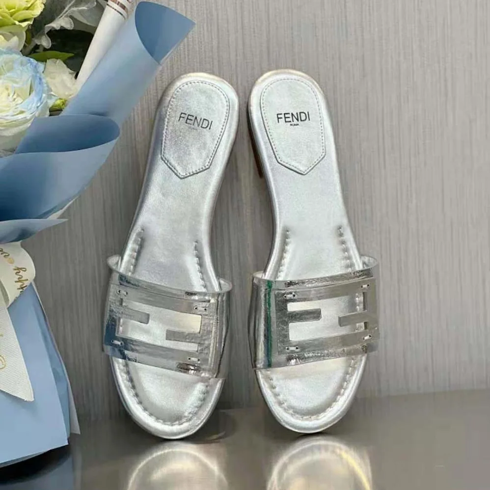 Fendi Baguette Silver Nappa Leather Slides for Women Fendi Baguette Silver Nappa Leather Slides for Women