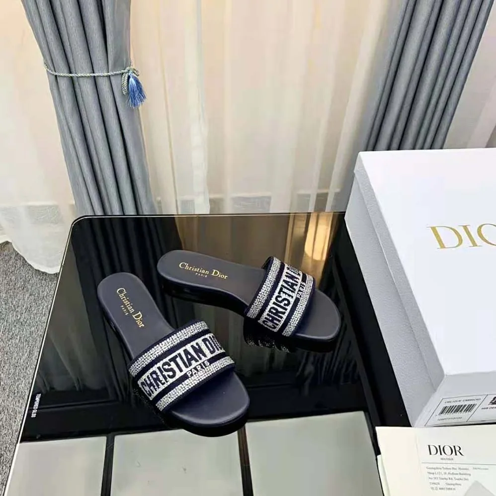 Dior Dway Slide Black Cotton Embroidery with Metallic Thread and Silver for Women in Tone Strass