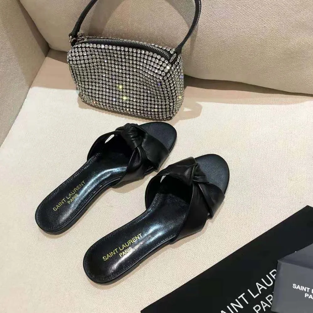 Saint Laurent YSL Bianca Flat Mules in Smooth Leather for Women in Black