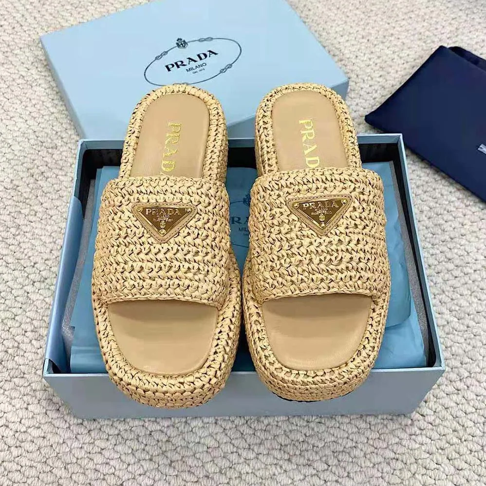 Prada Crochet Flatform Slides with Enameled Metal Triangle Logo for Women in Beige Prada Crochet Flatform Slides with Enameled Metal Triangle Logo for Women in Beige