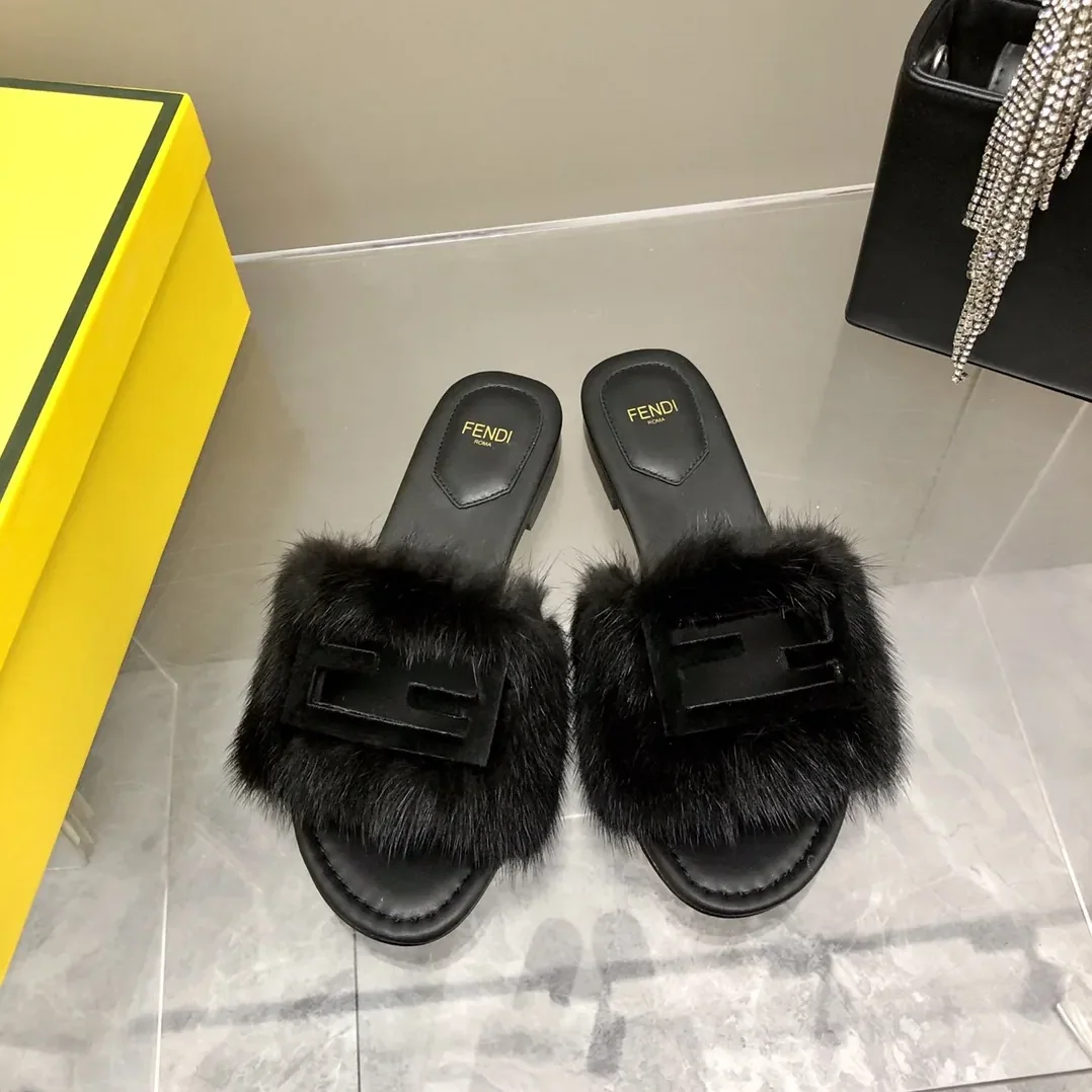 Fendi Black Mink Slides