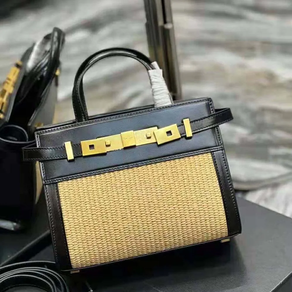 Saint Laurent YSL Manhattan Nano Shopping Bag in Raffia and Smooth Leather for Women in Black