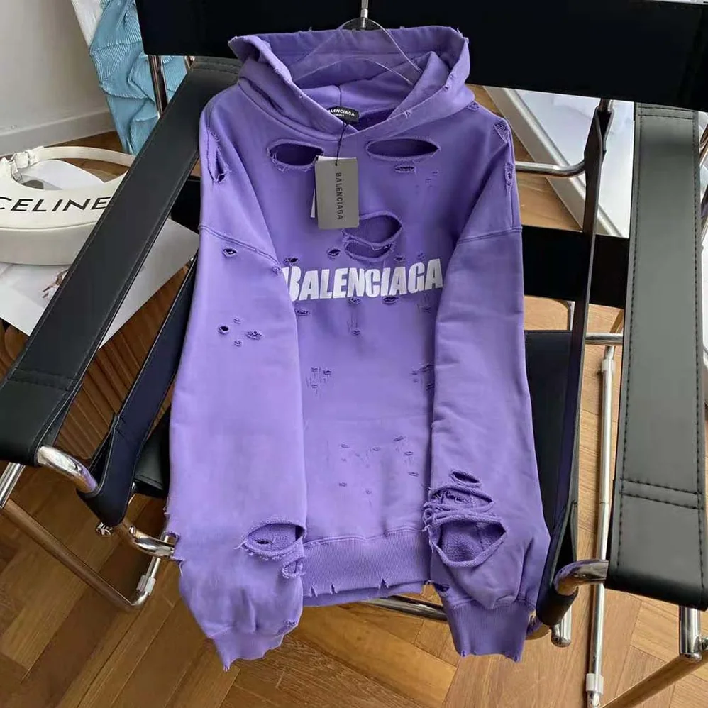 Balenciaga Caps Destroyed Hoodie in Purple for Women Balenciaga Caps Destroyed Hoodie in Purple for Women